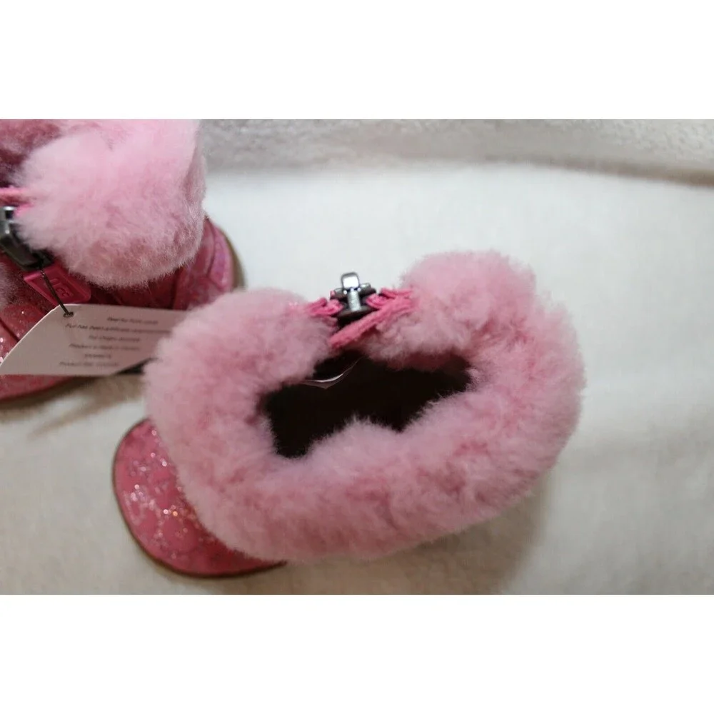 NIB UGG Girls Infant Metallic Pink‎ Leopard Shearling Boots Booties 2/3
